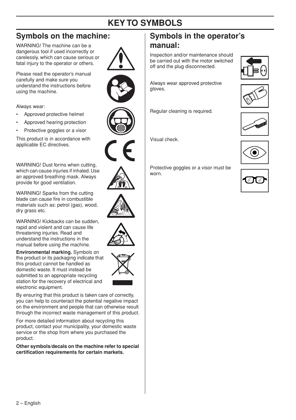 Symbols on the machine, Symbols in the operator’s manual, Key t o symbols | Symbols on the mac hine, Symbols in the operator’ s manual | Husqvarna K3000 Wet User Manual | Page 2 / 24