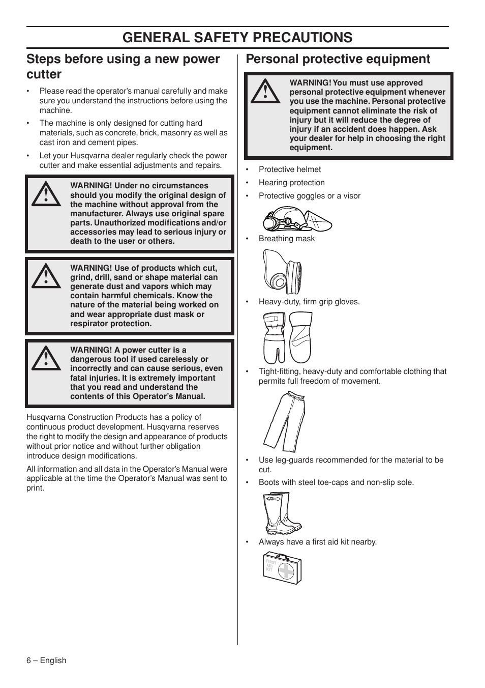 Steps before using a new power cutter, Personal protective equipment, General safety preca utions | Steps bef ore using a new power cutter, P ersonal protective equipment | Husqvarna K3000 Wet User Manual | Page 6 / 24