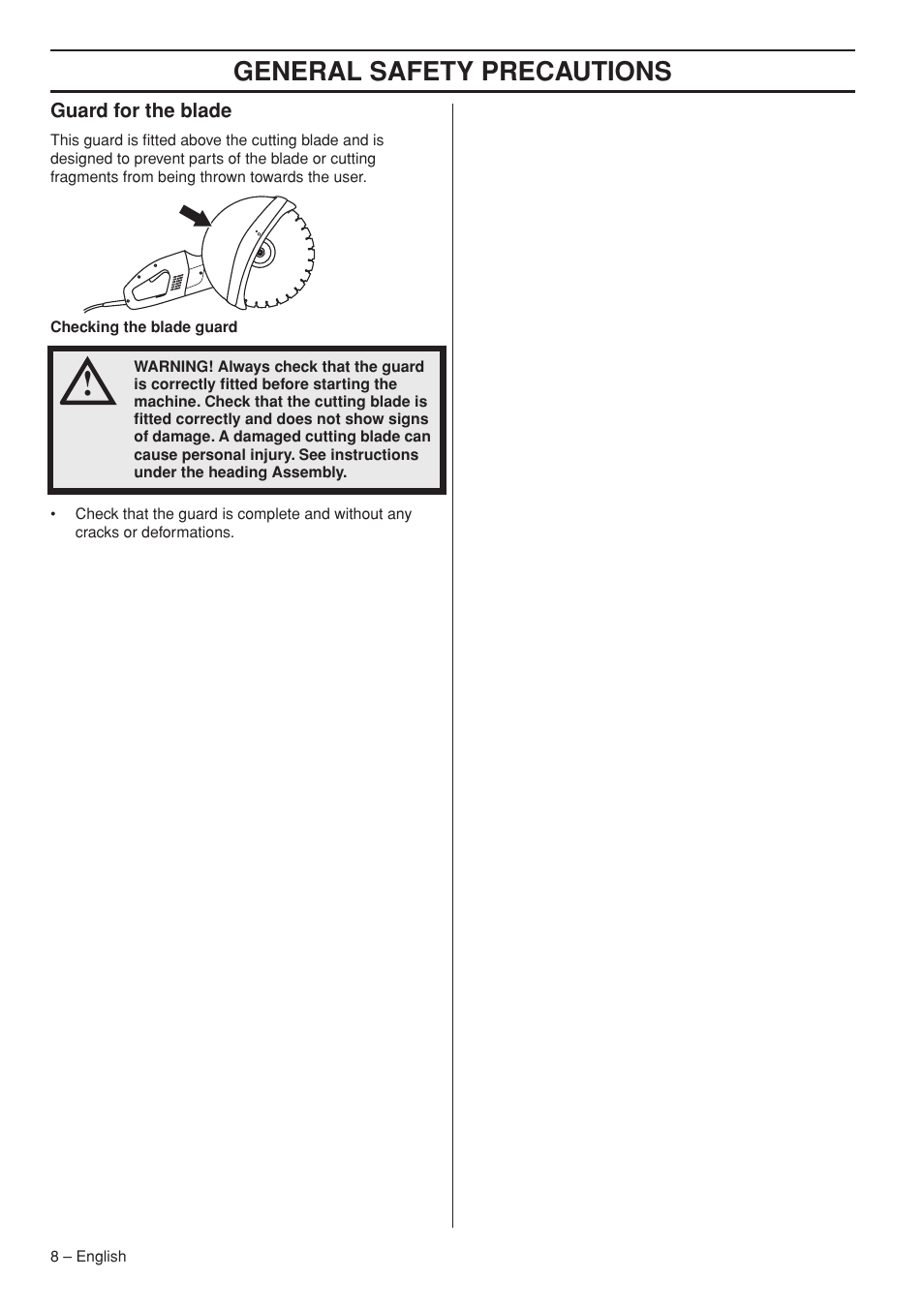 Guard for the blade, General safety preca utions | Husqvarna K3000 Wet User Manual | Page 8 / 24