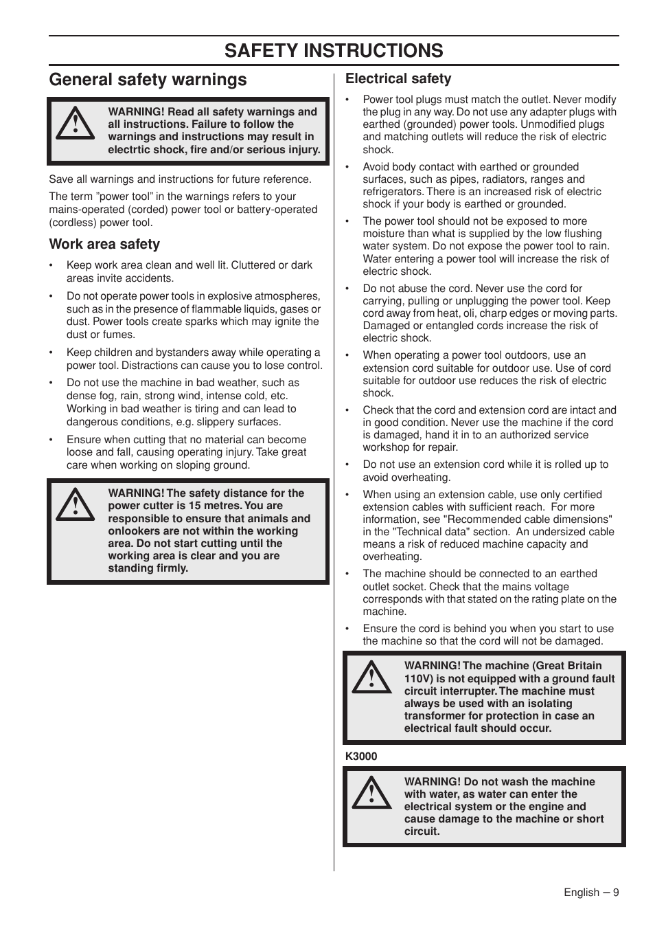 General safety warnings, Work area safety, Electrical safety | Safety instructions | Husqvarna K3000 Wet User Manual | Page 9 / 24