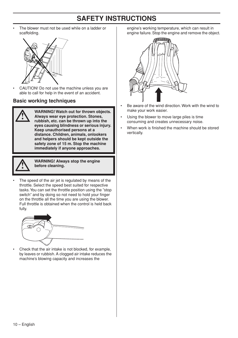 Basic working techniques, Safety instructions | Husqvarna 356BTX User Manual | Page 10 / 24