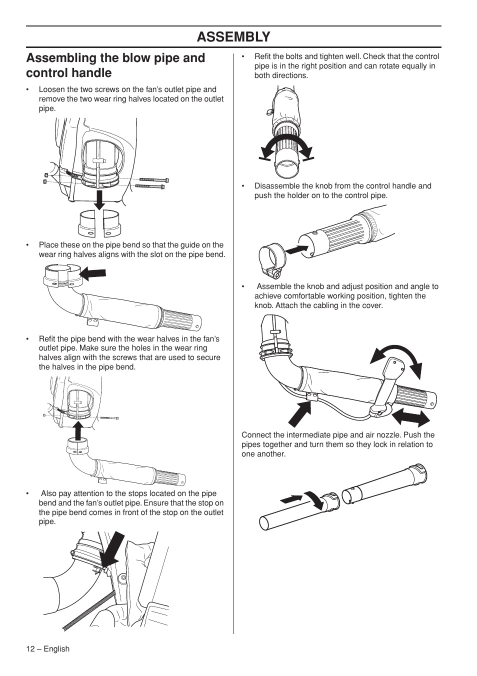 Assembling the blow pipe and control handle, Assembly | Husqvarna 356BTX User Manual | Page 12 / 24