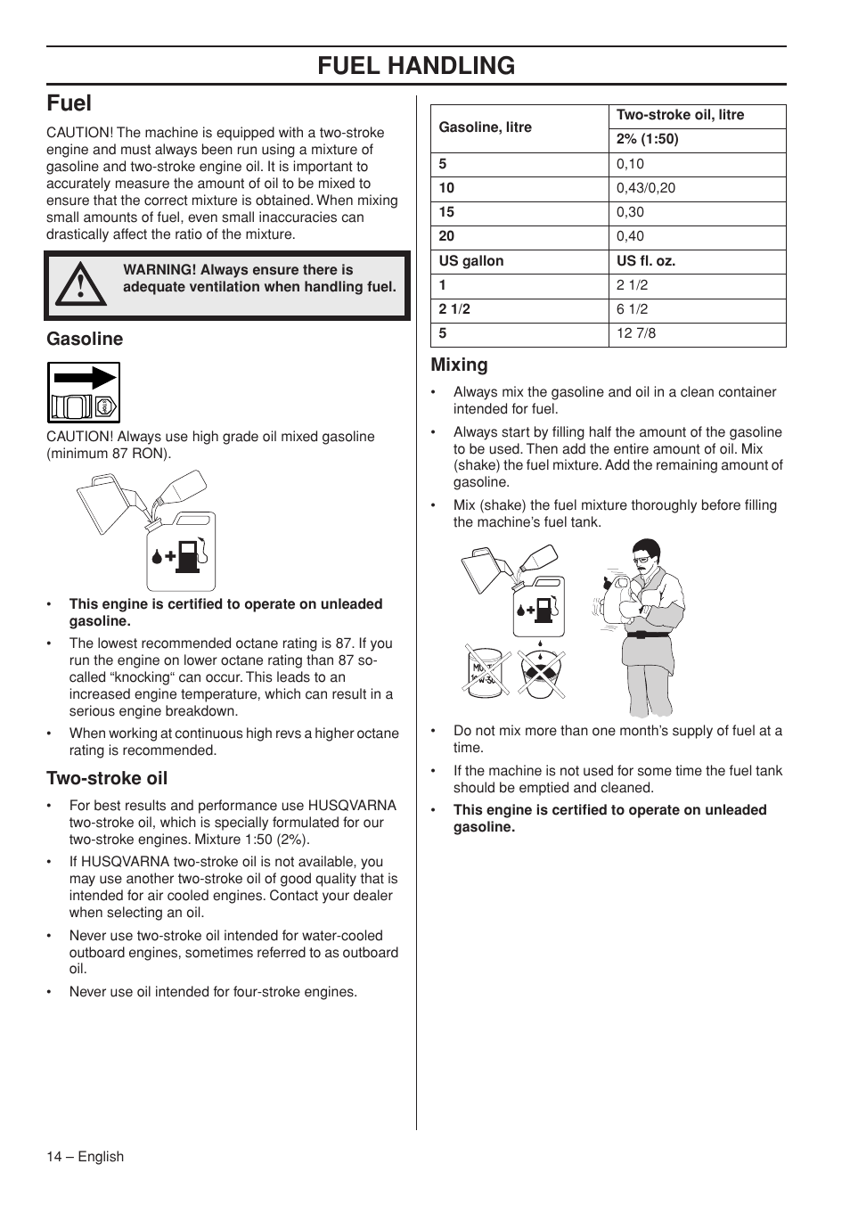 Fuel, Gasoline, Two-stroke oil | Mixing, Fuel handling | Husqvarna 356BTX User Manual | Page 14 / 24