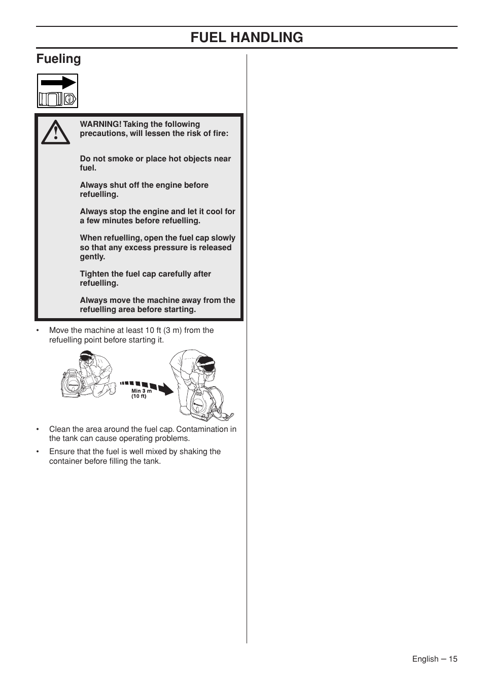 Fueling, Fuel handling | Husqvarna 356BTX User Manual | Page 15 / 24