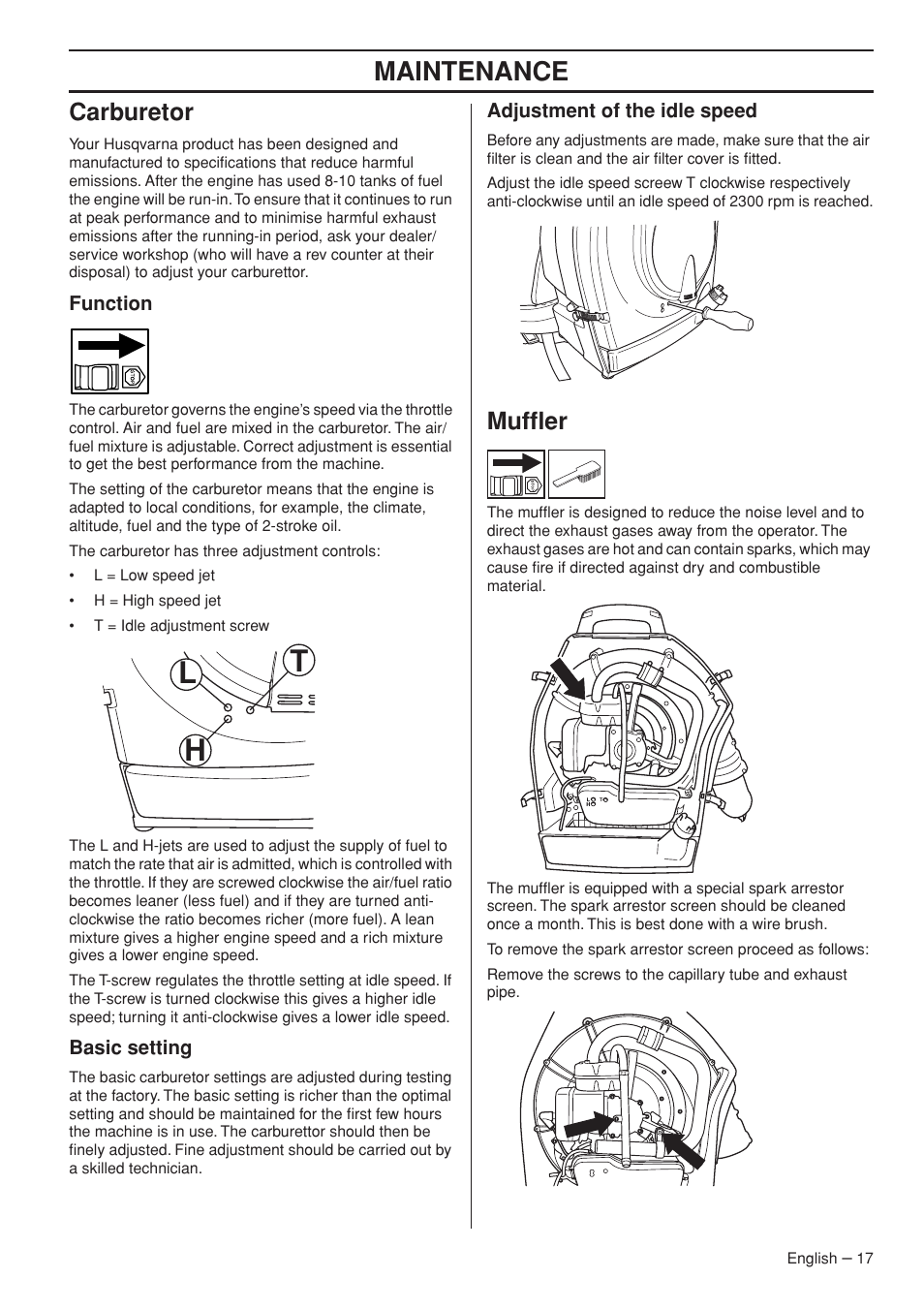 Carburetor, Function, Basic setting | Adjustment of the idle speed, Muffler, Lh t, Maintenance | Husqvarna 356BTX User Manual | Page 17 / 24