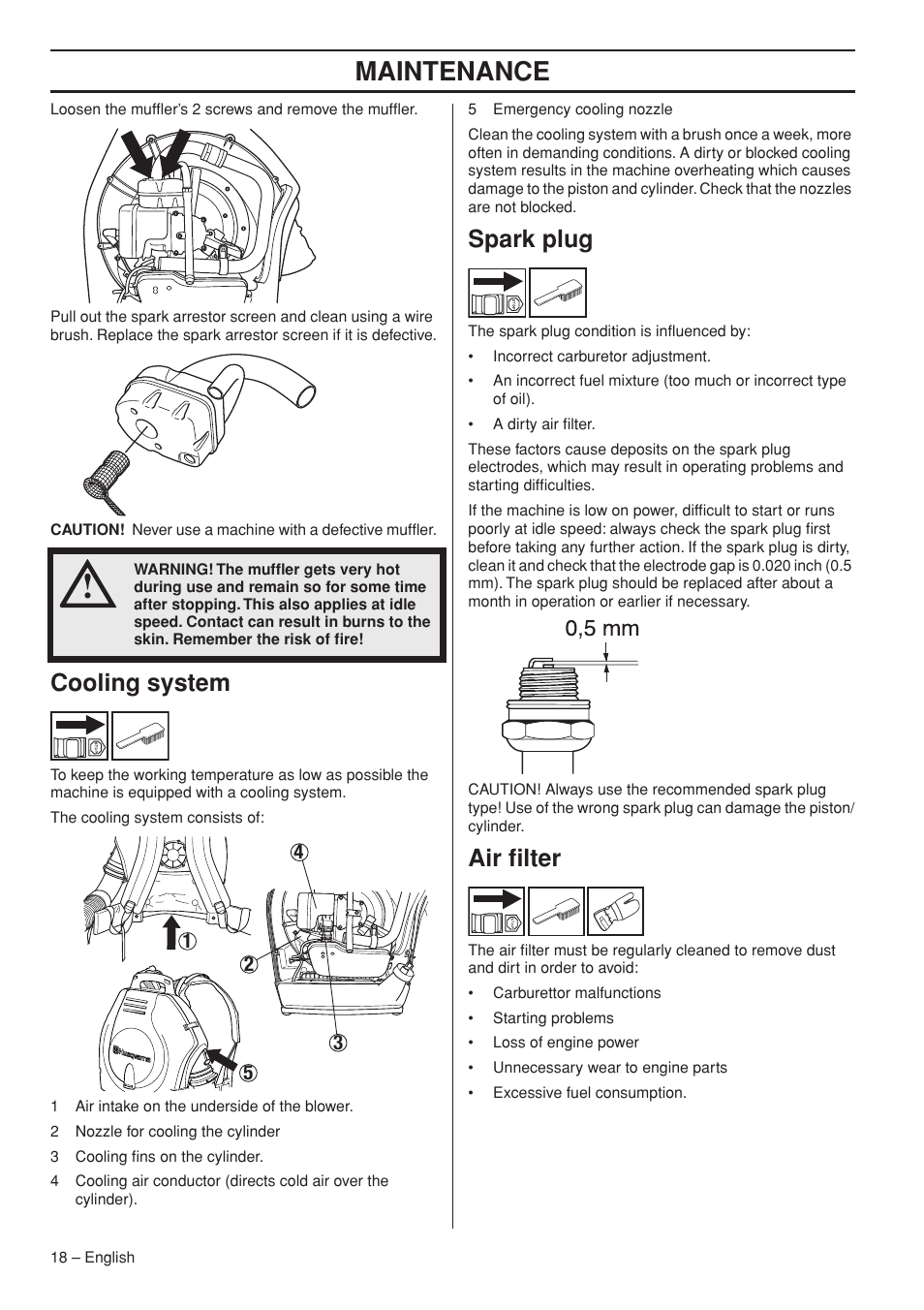 Cooling system, Spark plug, Air filter | Maintenance | Husqvarna 356BTX User Manual | Page 18 / 24