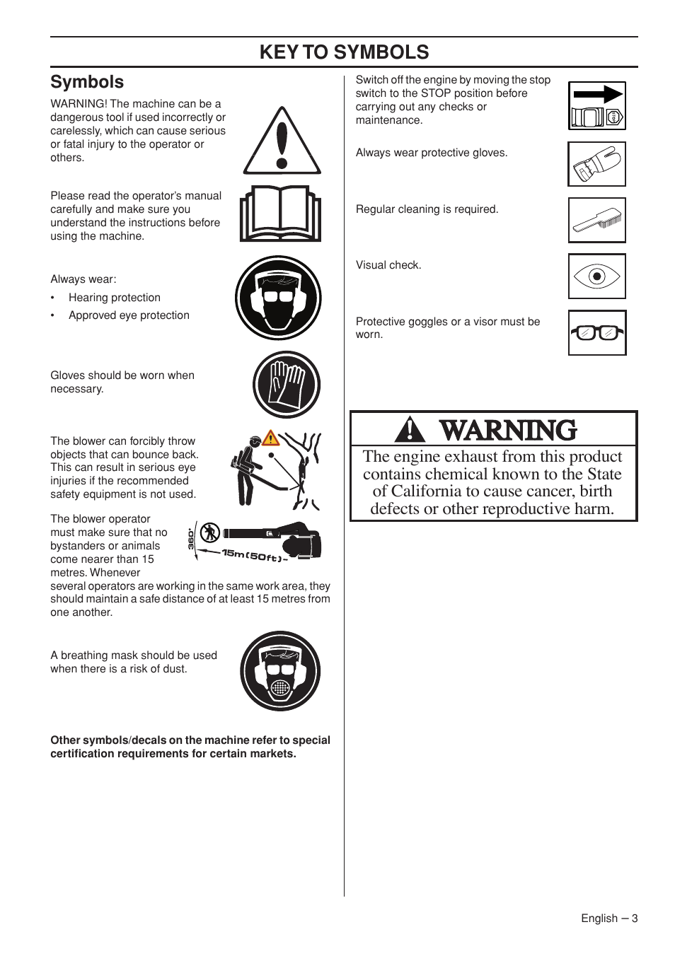 Symbols, Key t o symbols | Husqvarna 356BTX User Manual | Page 3 / 24