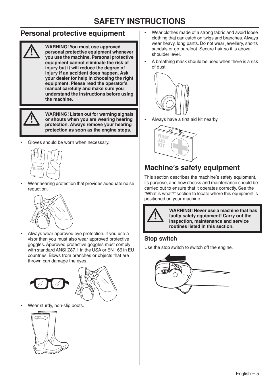 Personal protective equipment, Machine¢s safety equipment, Stop switch | Safety instr uctions, P ersonal protective equipment, Mac hine ′ s safety equipment | Husqvarna 356BTX User Manual | Page 5 / 24