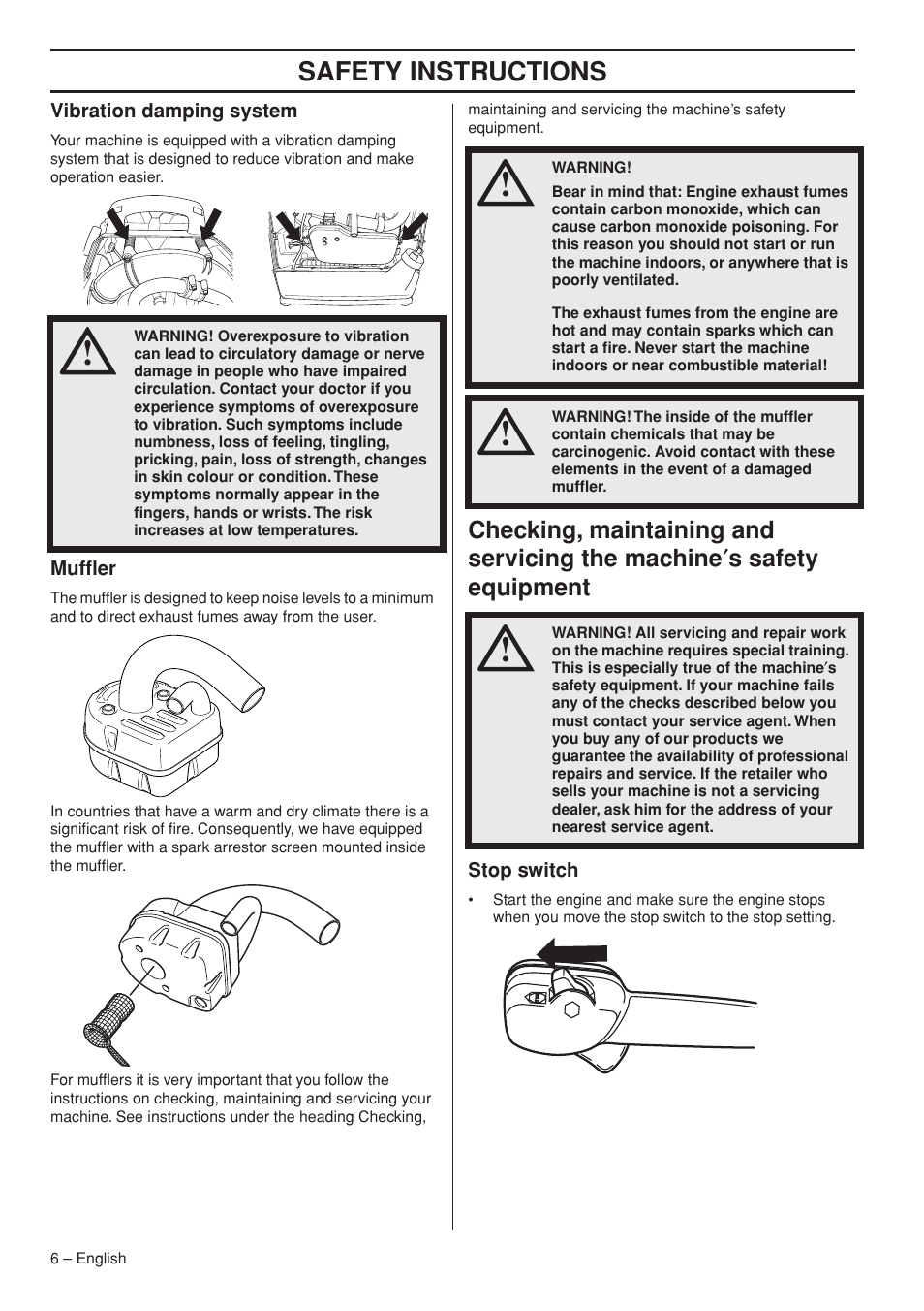 Vibration damping system, Muffler, Stop switch | Safety instr uctions | Husqvarna 356BTX User Manual | Page 6 / 24