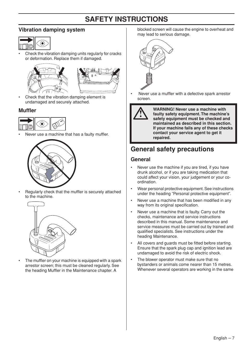 Vibration damping system, Muffler, General safety precautions | General, Safety instr uctions, General saf ety precautions | Husqvarna 356BTX User Manual | Page 7 / 24