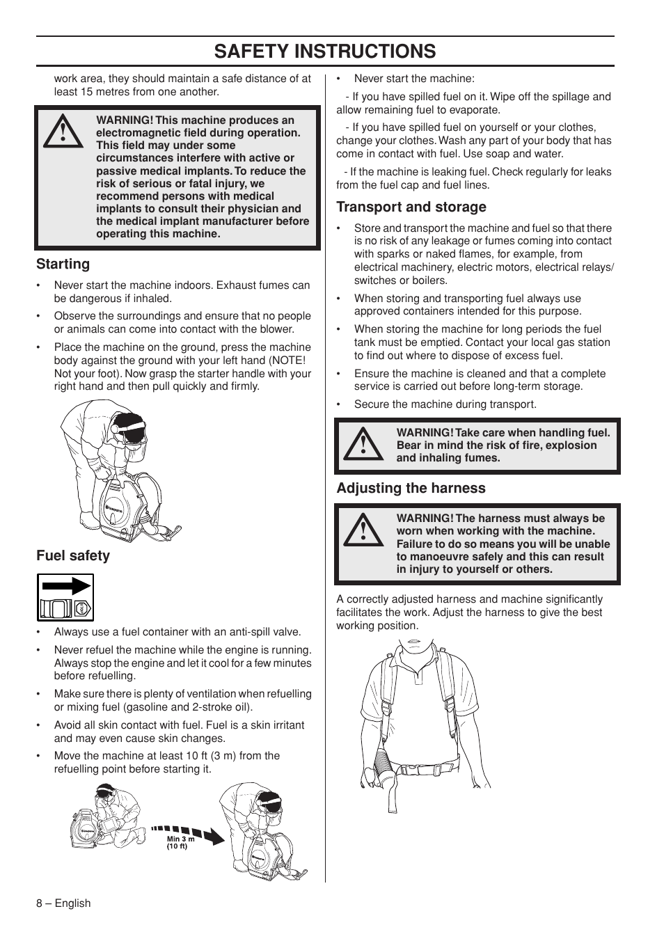 Starting, Fuel safety, Transport and storage | Adjusting the harness, Safety instructions | Husqvarna 356BTX User Manual | Page 8 / 24