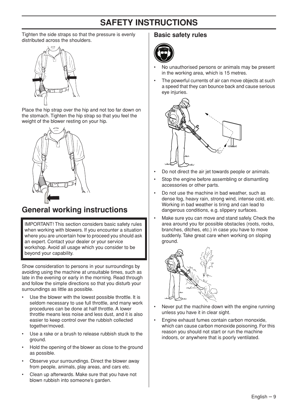 General working instructions, Basic safety rules, Safety instructions | Husqvarna 356BTX User Manual | Page 9 / 24