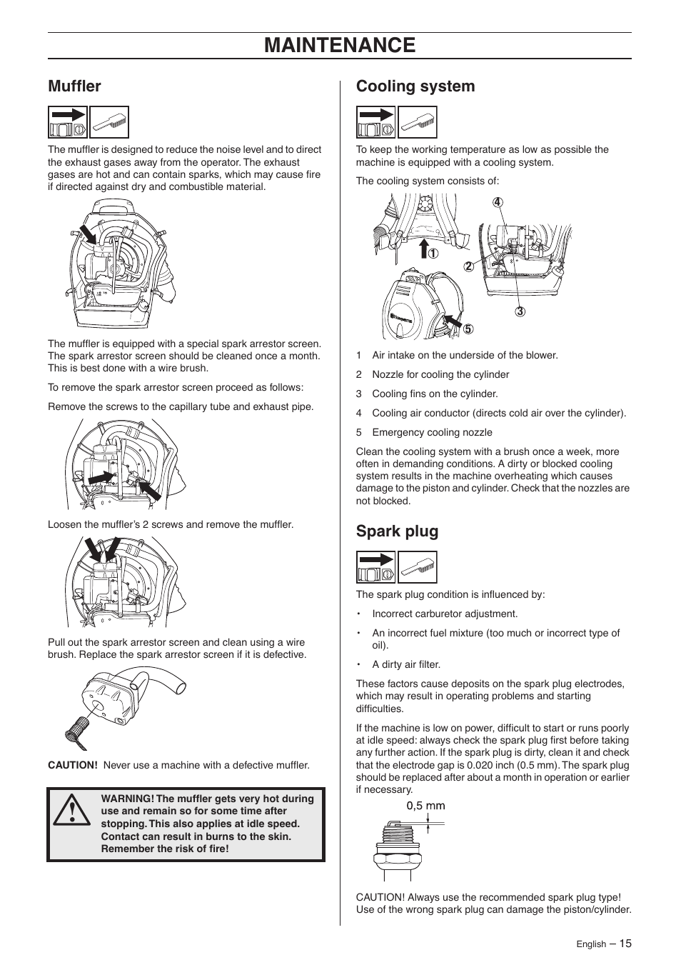 Muffler, Cooling system, Spark plug | Maintenance, Mufﬂer | Husqvarna 356BF X-series User Manual | Page 15 / 24