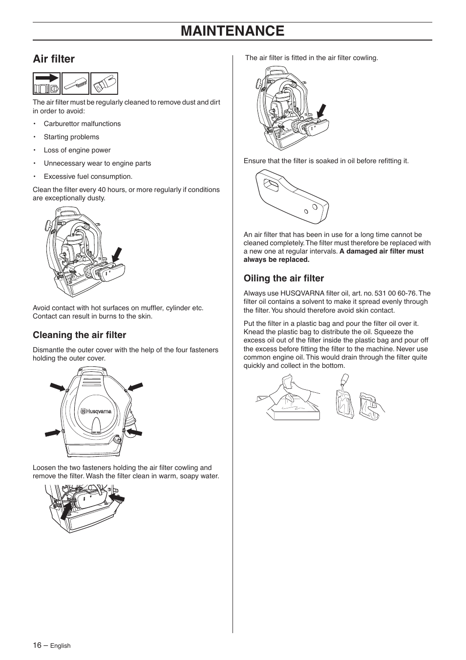 Air filter, Cleaning the air filter, Oiling the air filter | Maintenance, Air ﬁlter, Cleaning the air ﬁlter, Oiling the air ﬁlter | Husqvarna 356BF X-series User Manual | Page 16 / 24