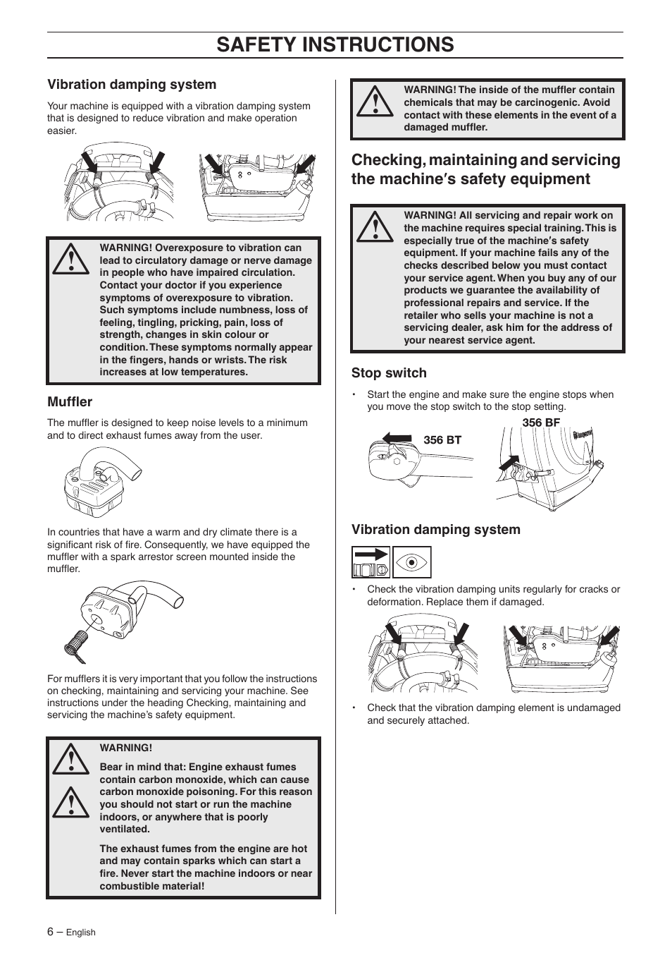 Vibration damping system, Muffler, Stop switch | Safety instr uctions | Husqvarna 356BF X-series User Manual | Page 6 / 24