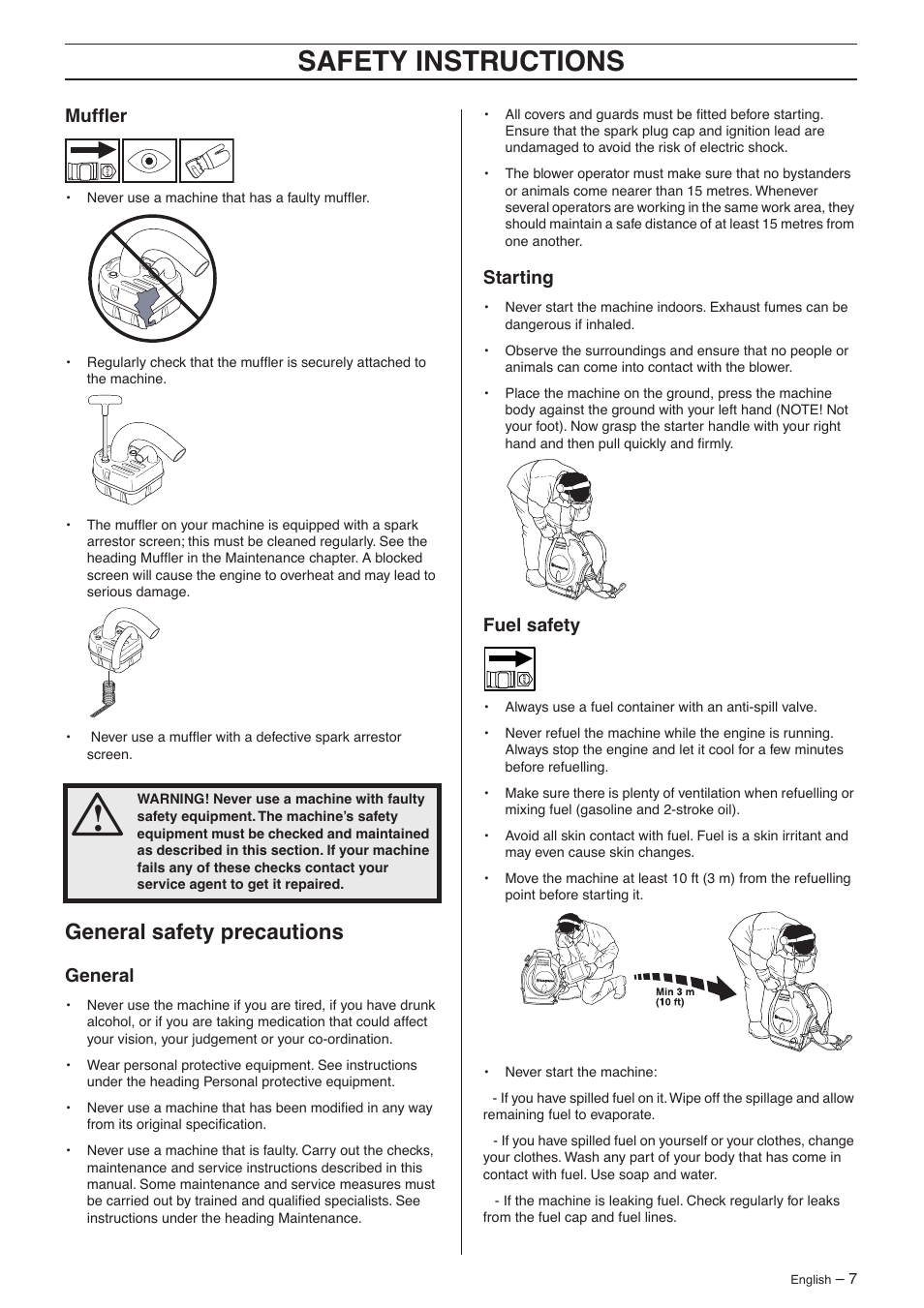 Muffler, General safety precautions, General | Starting, Fuel safety, Safety instructions, Mufﬂer | Husqvarna 356BF X-series User Manual | Page 7 / 24