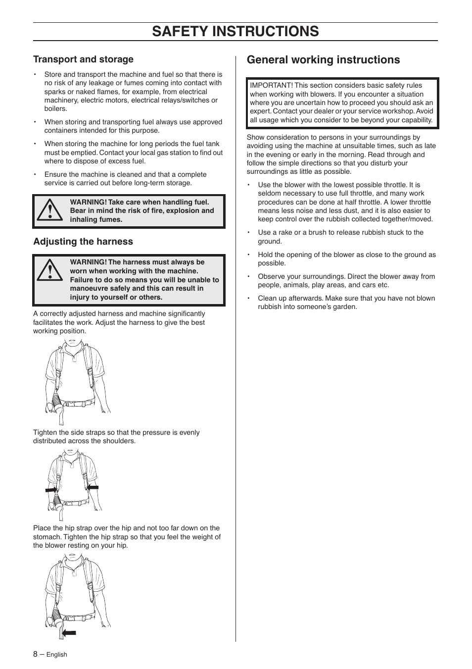 Transport and storage, Adjusting the harness, General working instructions | Safety instructions | Husqvarna 356BF X-series User Manual | Page 8 / 24