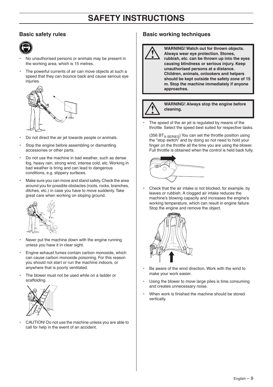 Basic safety rules, Basic working techniques, Safety instructions | Husqvarna 356BF X-series User Manual | Page 9 / 24