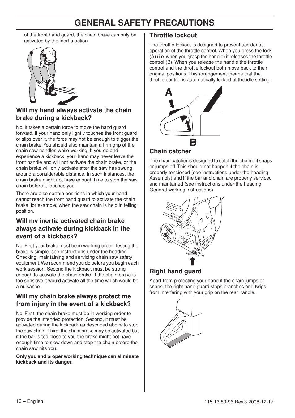 Throttle lockout, Chain catcher, Right hand guard | General safety precautions | Husqvarna 435e User Manual | Page 10 / 92