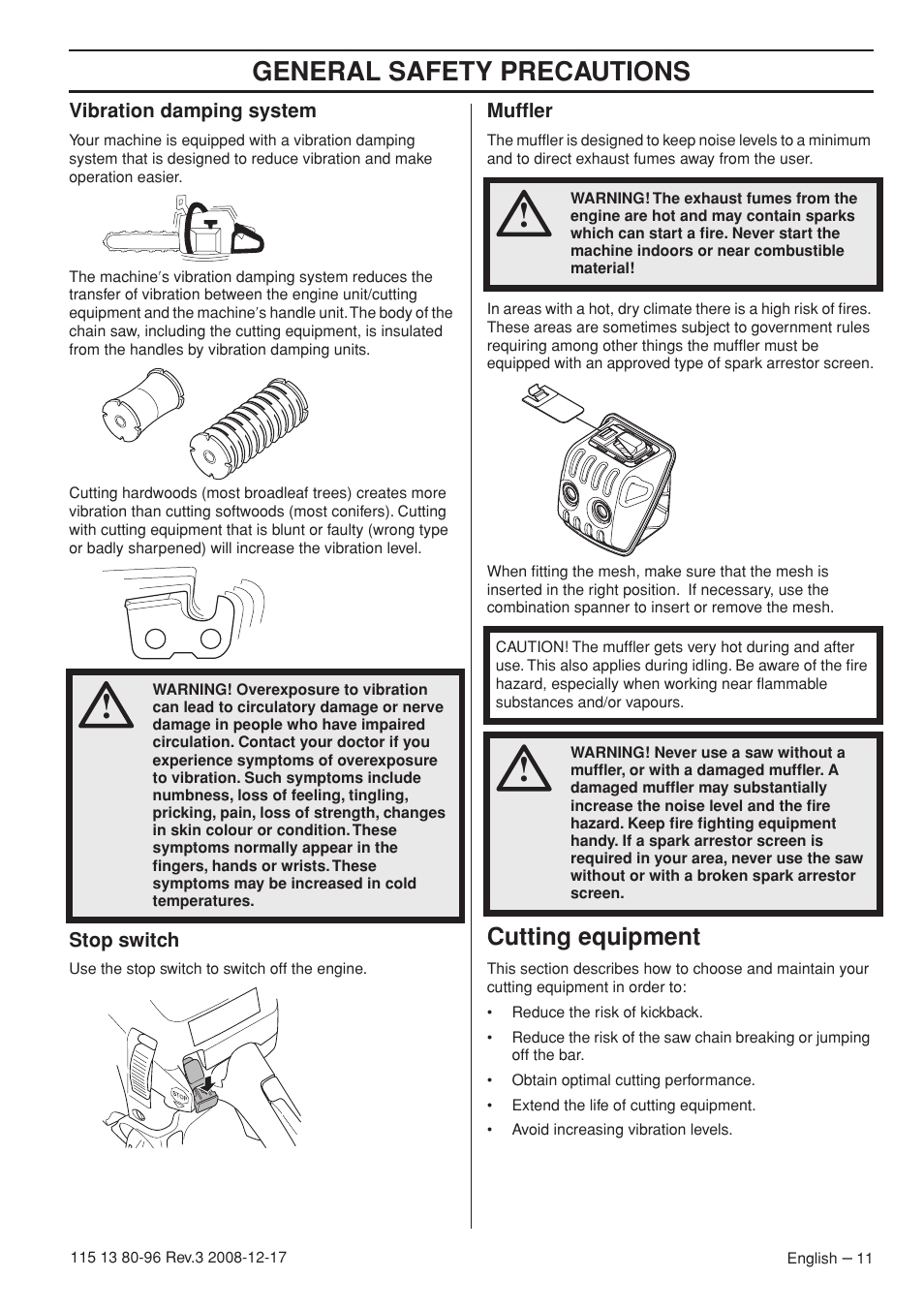 Vibration damping system, Stop switch, Muffler | Cutting equipment, General safety precautions | Husqvarna 435e User Manual | Page 11 / 92