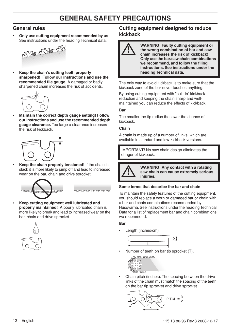 General rules, Cutting equipment designed to reduce kickback, General safety precautions | Husqvarna 435e User Manual | Page 12 / 92