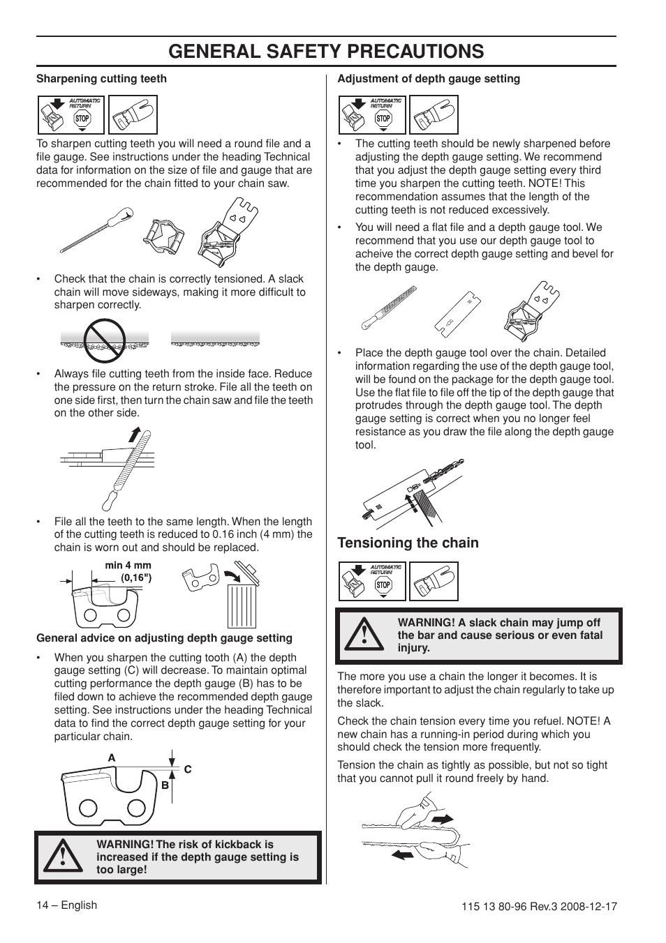 Tensioning the chain, General safety precautions | Husqvarna 435e User Manual | Page 14 / 92