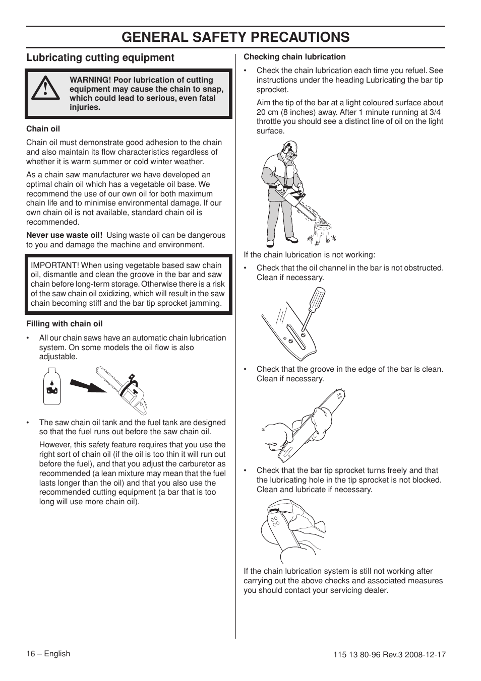 Lubricating cutting equipment, General safety precautions | Husqvarna 435e User Manual | Page 16 / 92