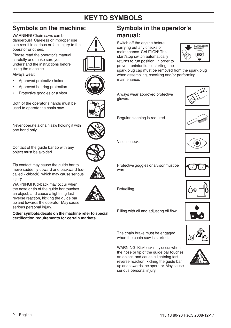 Symbols on the machine, Symbols in the operator’s manual, Key t o symbols | Symbols on the mac hine, Symbols in the operator’ s manual | Husqvarna 435e User Manual | Page 2 / 92