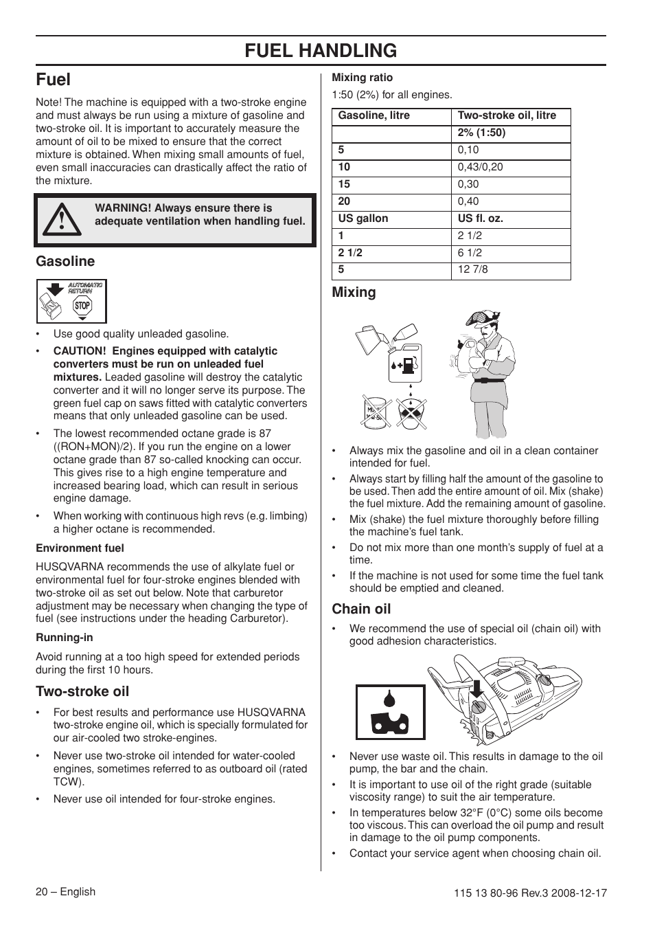 Fuel, Gasoline, Two-stroke oil | Mixing, Chain oil, Fuel handling | Husqvarna 435e User Manual | Page 20 / 92