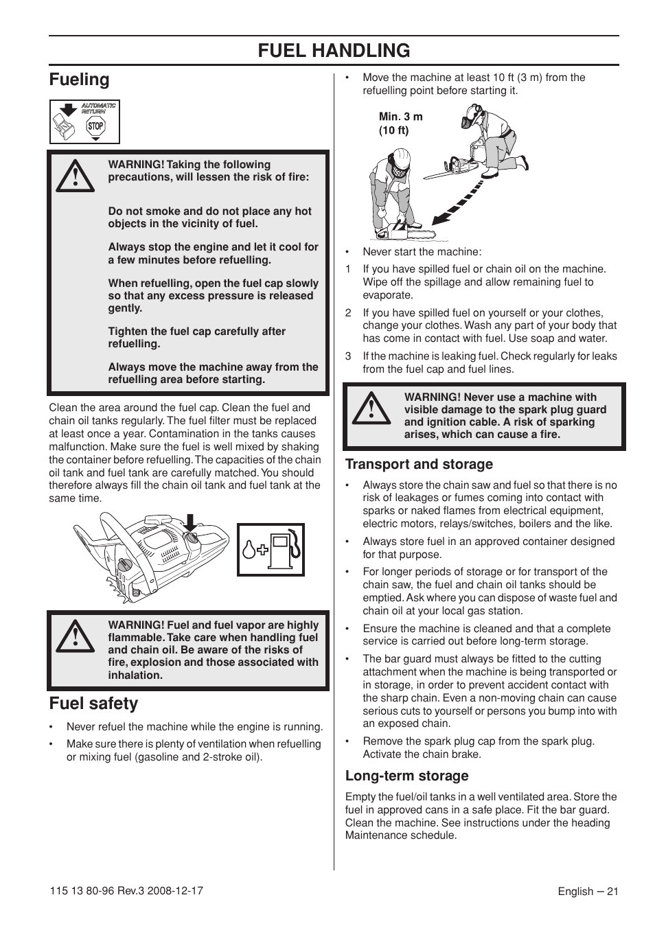 Fueling, Fuel safety, Transport and storage | Long-term storage, Fuel handling | Husqvarna 435e User Manual | Page 21 / 92