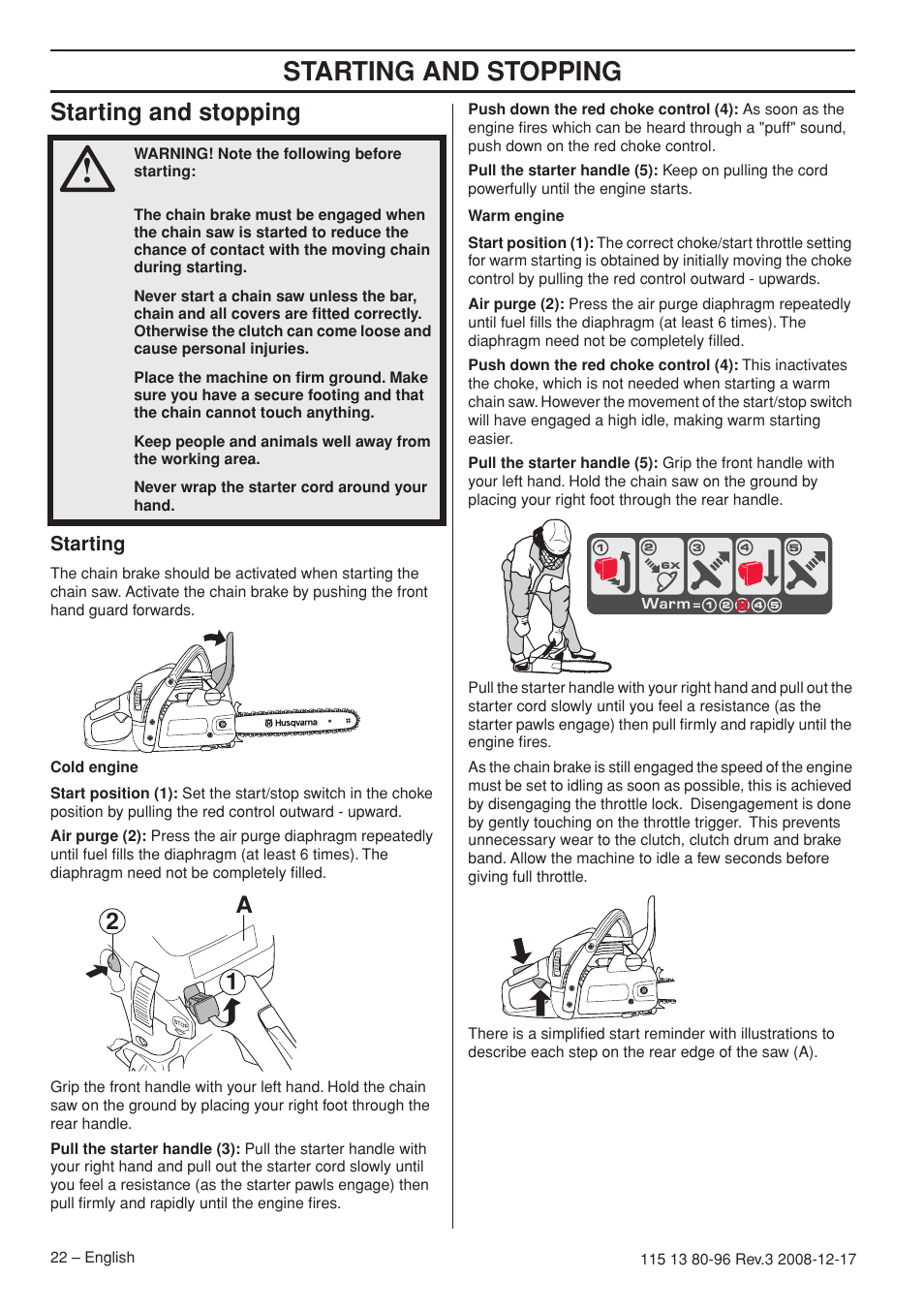 Starting and stopping, Starting, A2 1 | Husqvarna 435e User Manual | Page 22 / 92