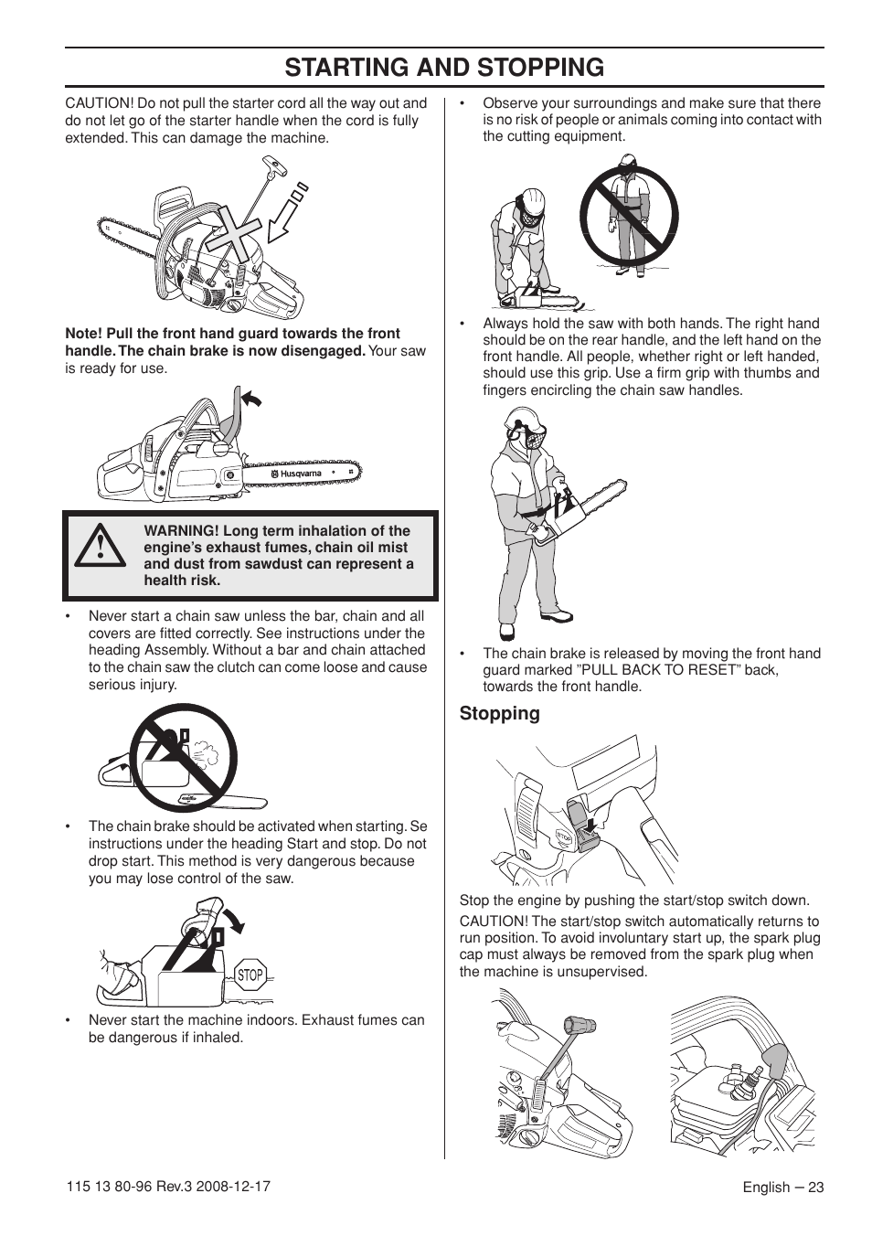 Stopping, Starting and stopping | Husqvarna 435e User Manual | Page 23 / 92