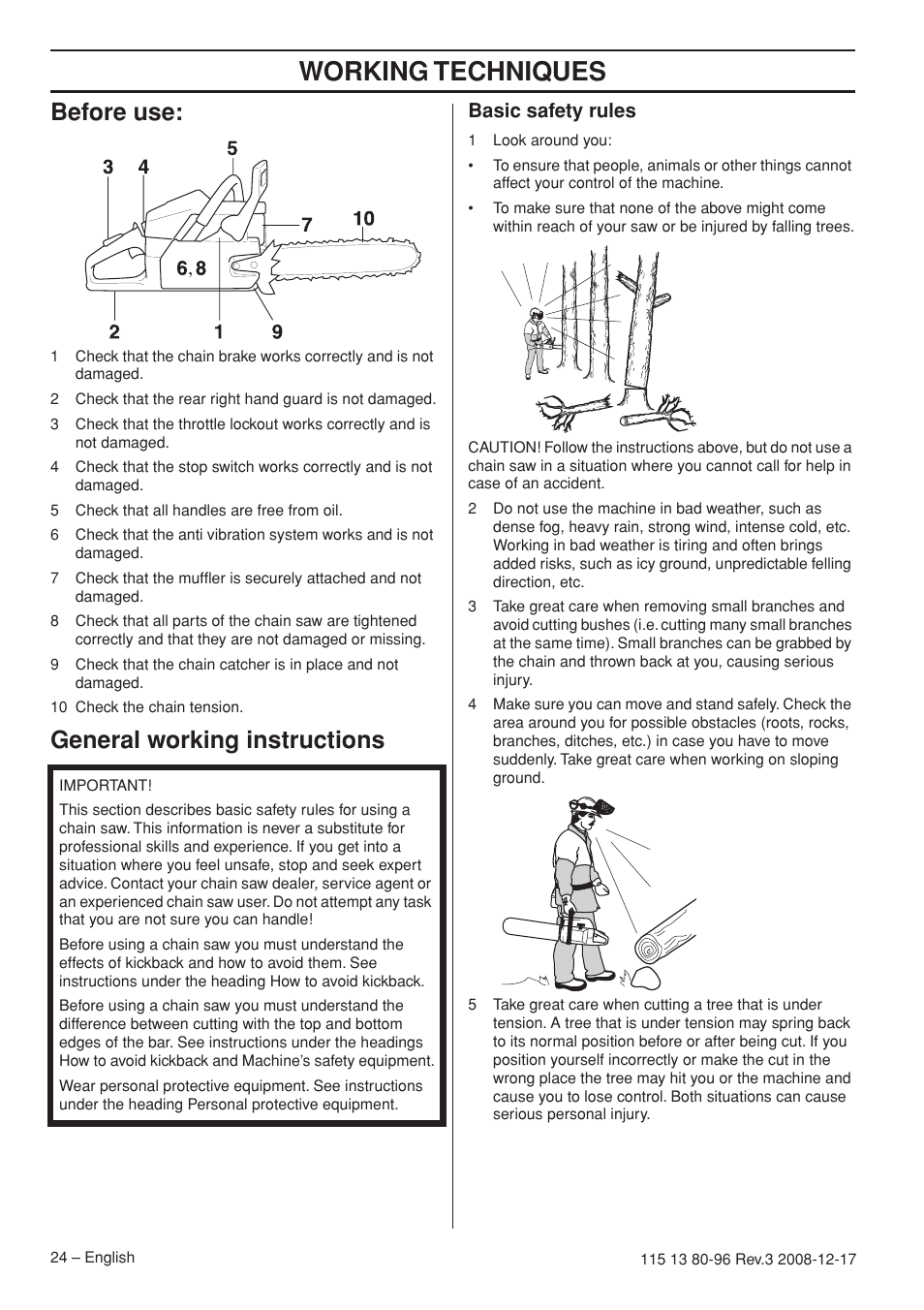 Before use, General working instructions, Basic safety rules | Working techniques | Husqvarna 435e User Manual | Page 24 / 92