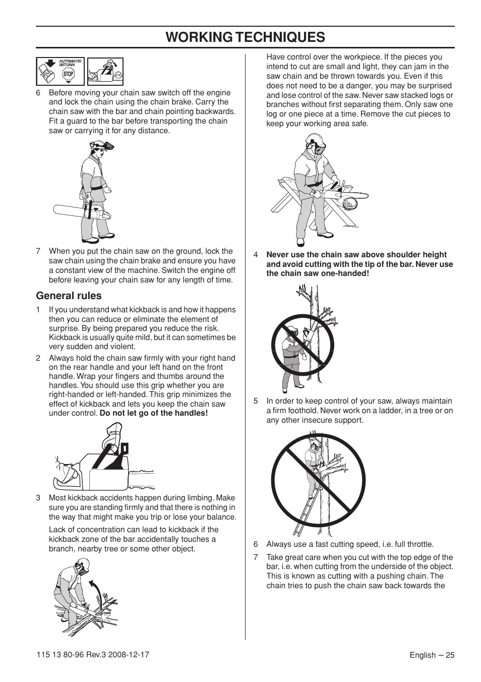 General rules, Working techniques | Husqvarna 435e User Manual | Page 25 / 92