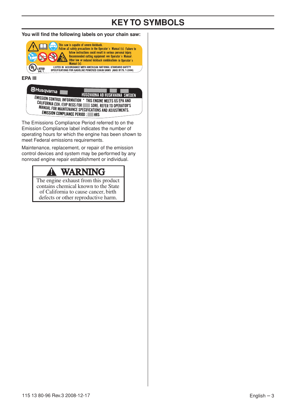Key t o symbols | Husqvarna 435e User Manual | Page 3 / 92