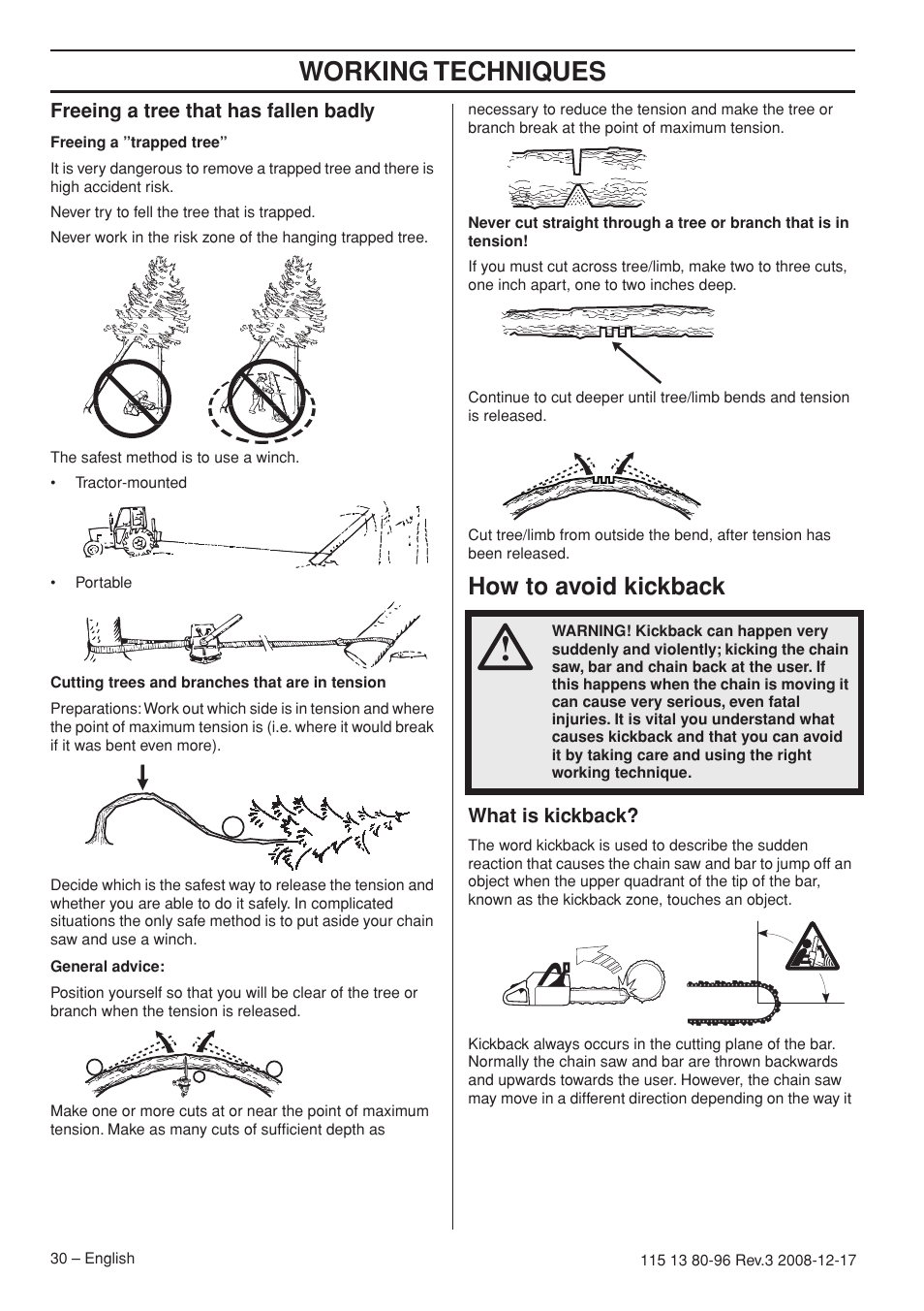 Freeing a tree that has fallen badly, How to avoid kickback, What is kickback | Working techniques | Husqvarna 435e User Manual | Page 30 / 92