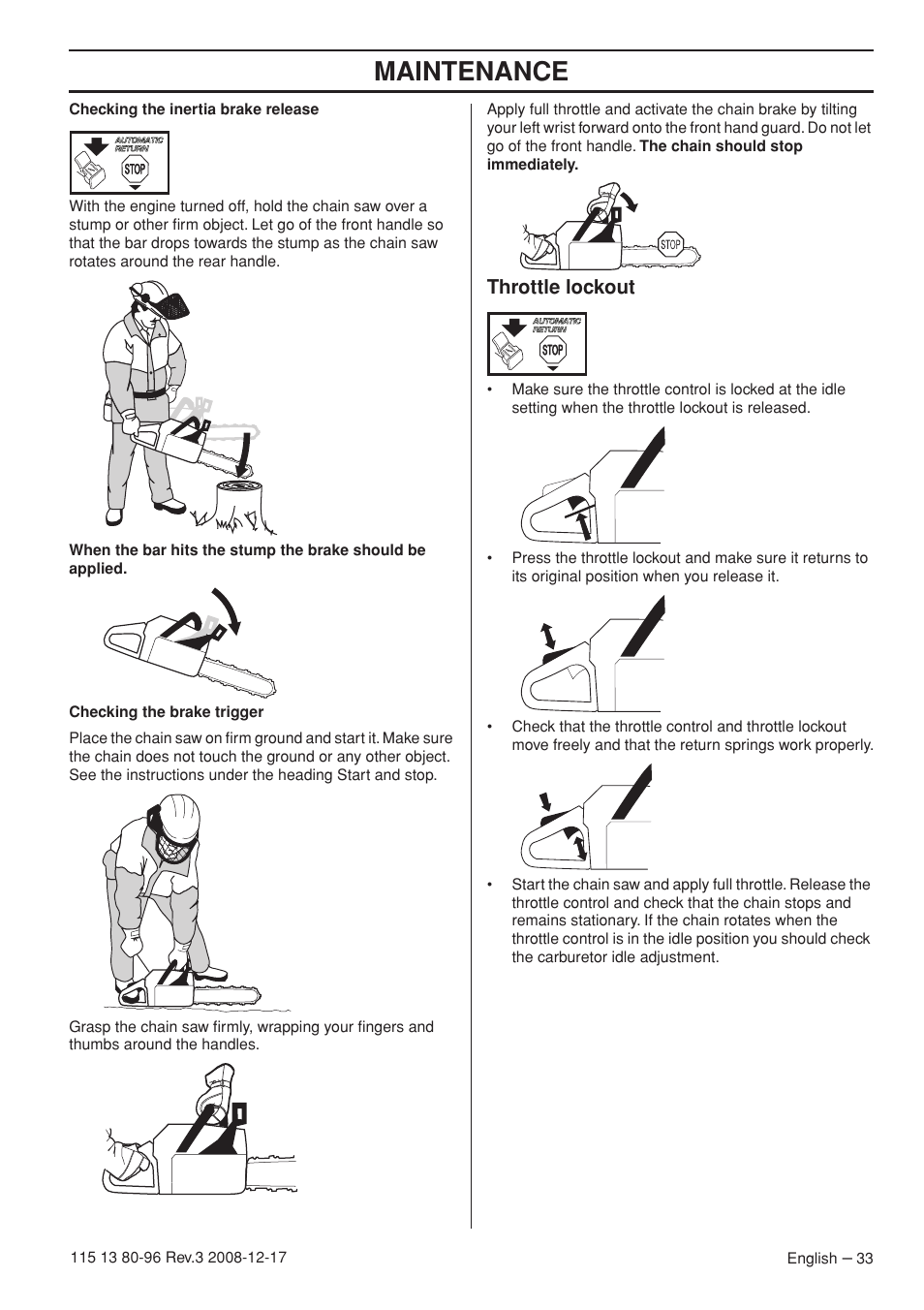 Throttle lockout, Maintenance | Husqvarna 435e User Manual | Page 33 / 92