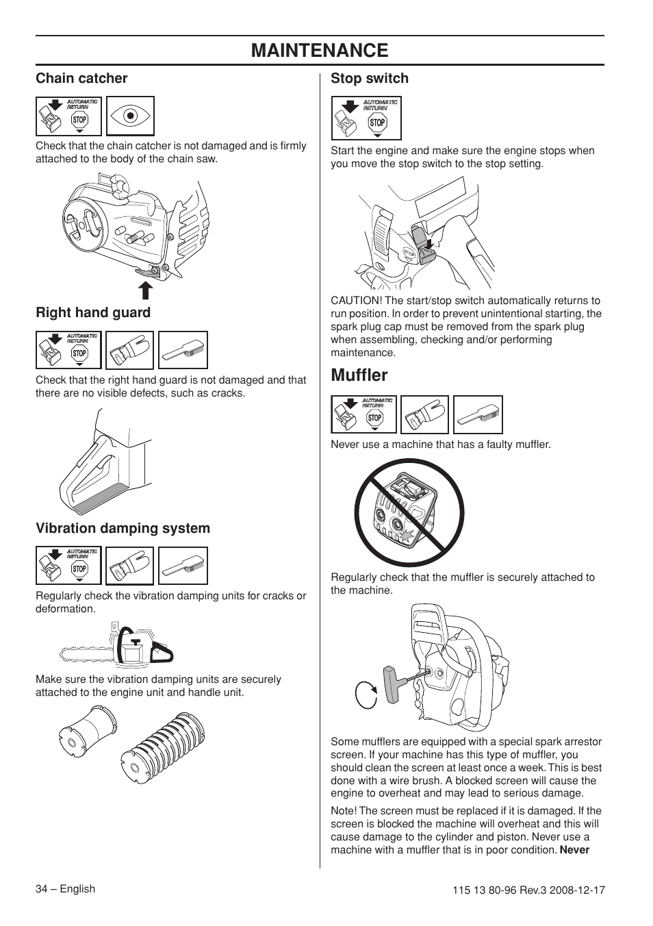 Chain catcher, Right hand guard, Vibration damping system | Stop switch, Muffler, Maintenance | Husqvarna 435e User Manual | Page 34 / 92