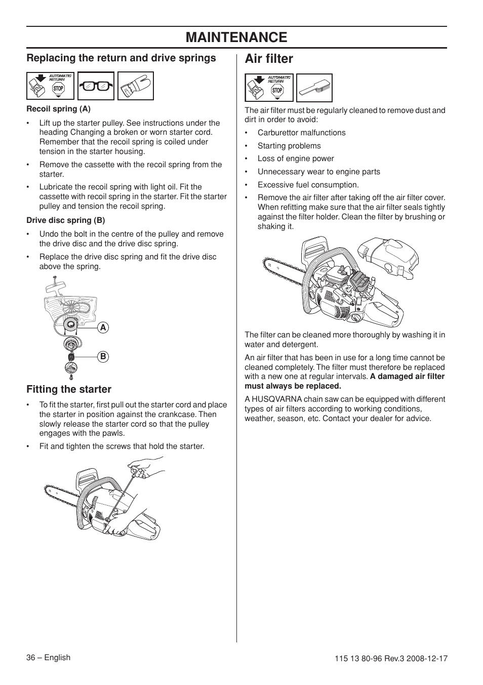 Replacing the return and drive springs, Fitting the starter, Air filter | Maintenance | Husqvarna 435e User Manual | Page 36 / 92