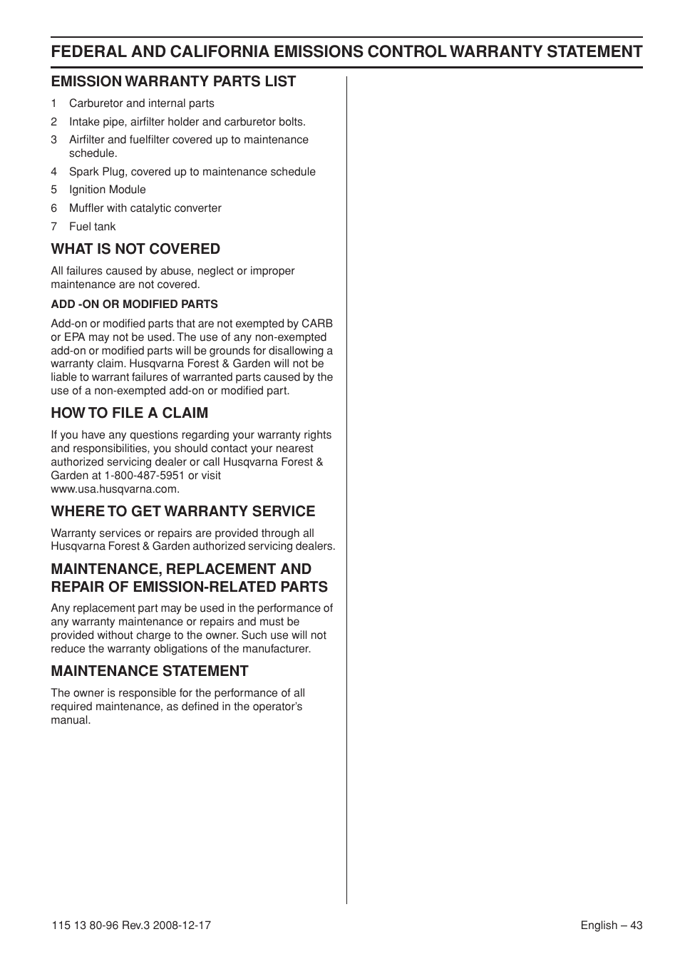 Emission warranty parts list, What is not covered, How to file a claim | Where to get warranty service, Maintenance statement | Husqvarna 435e User Manual | Page 43 / 92