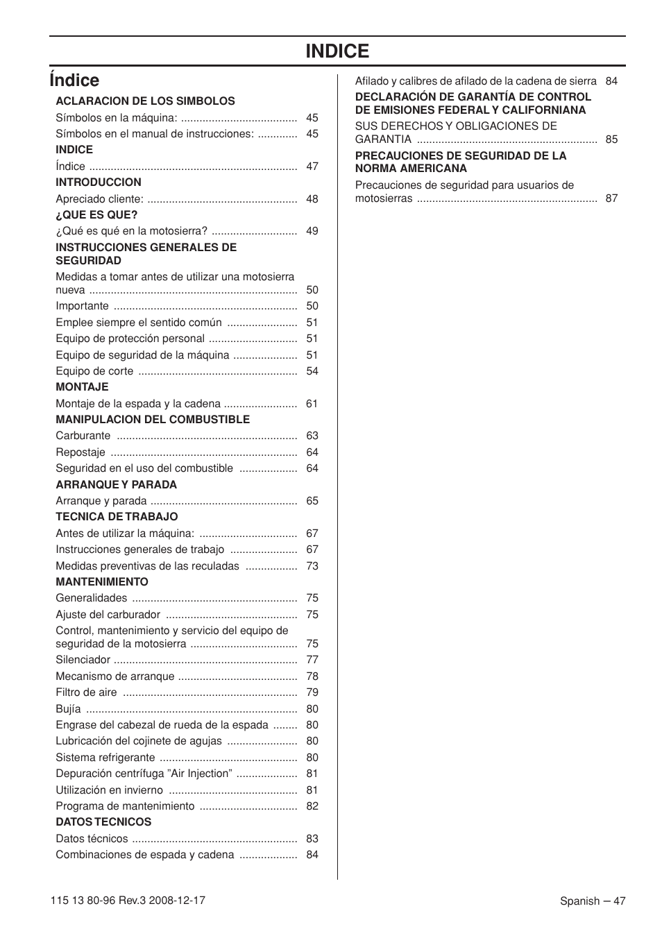 Índice, Indice | Husqvarna 435e User Manual | Page 47 / 92