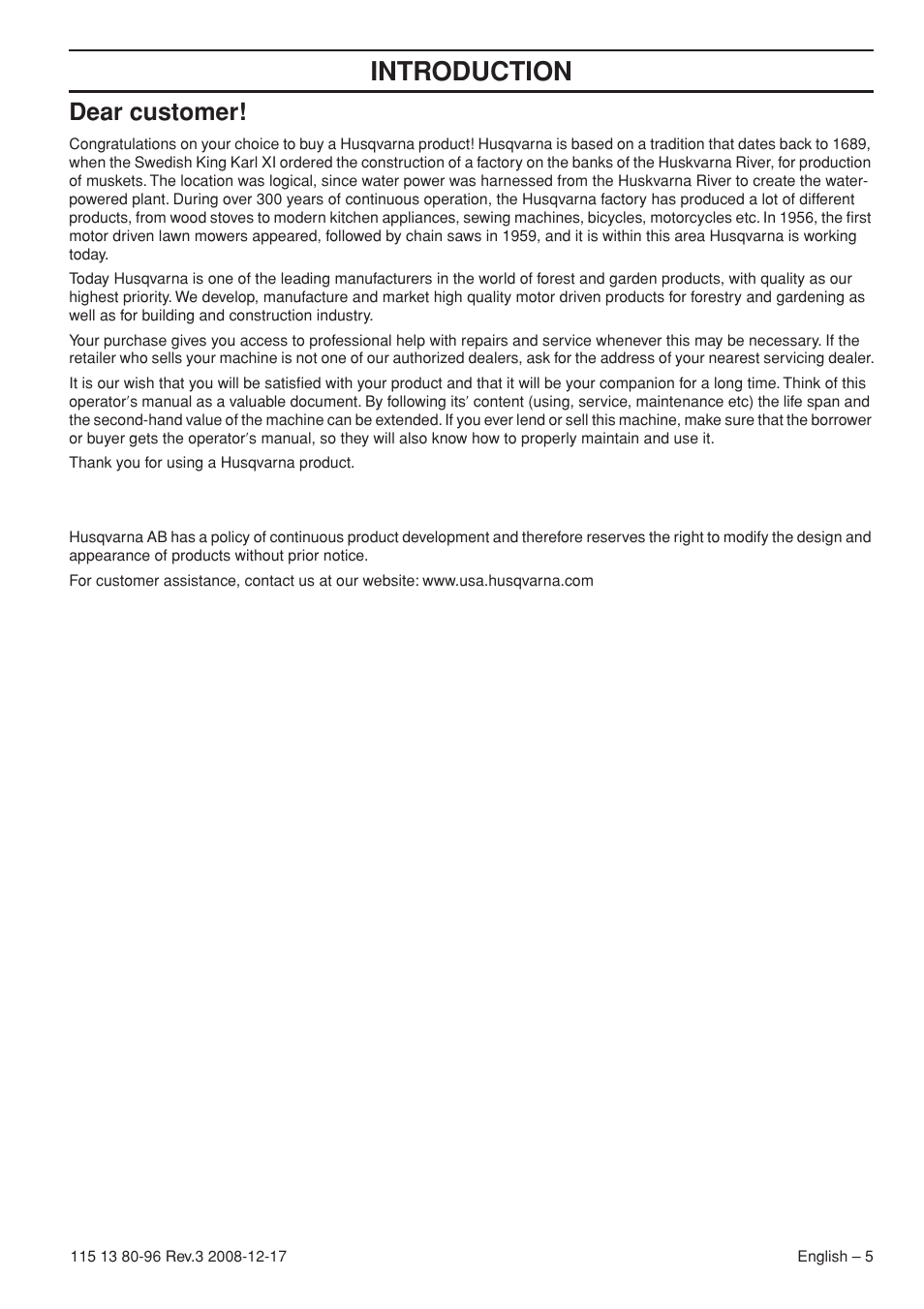 Dear customer, Intr oduction | Husqvarna 435e User Manual | Page 5 / 92