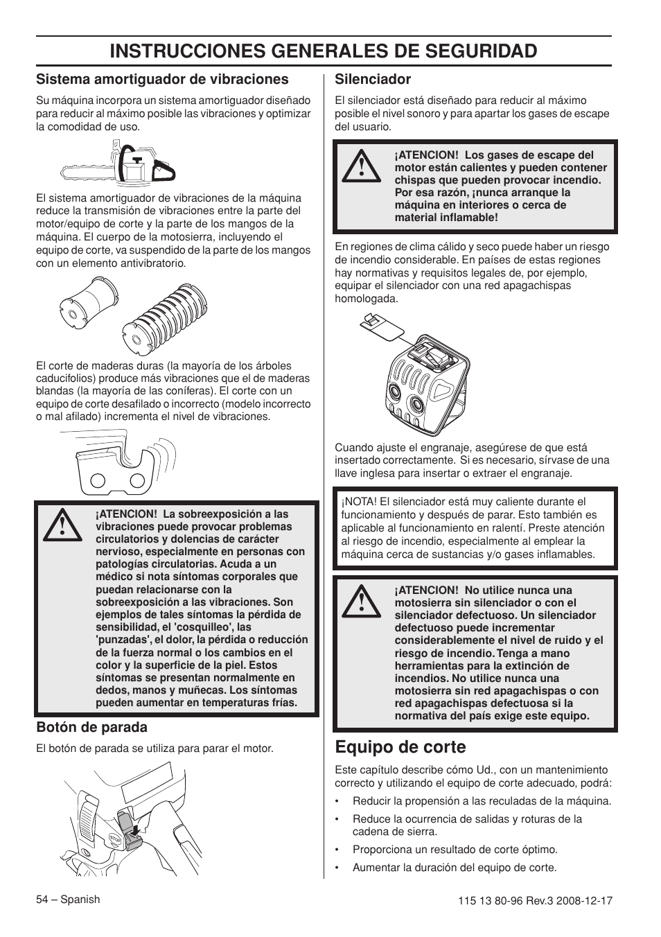 Sistema amortiguador de vibraciones, Botón de parada, Silenciador | Equipo de corte, Instrucciones generales de seguridad | Husqvarna 435e User Manual | Page 54 / 92