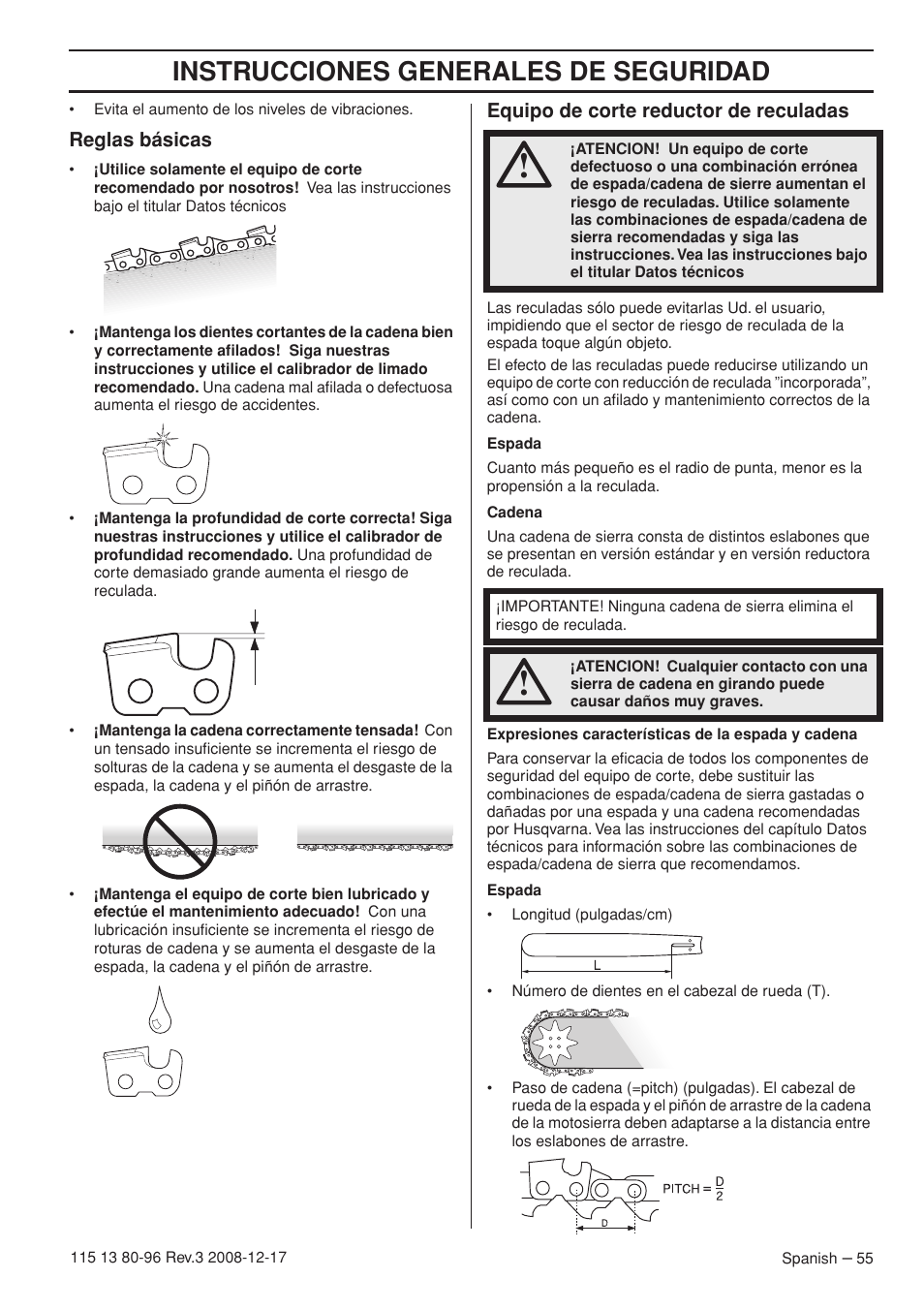 Reglas básicas, Equipo de corte reductor de reculadas, Instrucciones generales de seguridad | Husqvarna 435e User Manual | Page 55 / 92