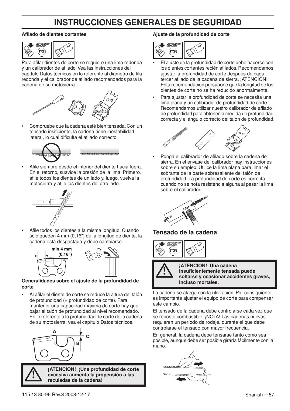 Tensado de la cadena, Instrucciones generales de seguridad | Husqvarna 435e User Manual | Page 57 / 92