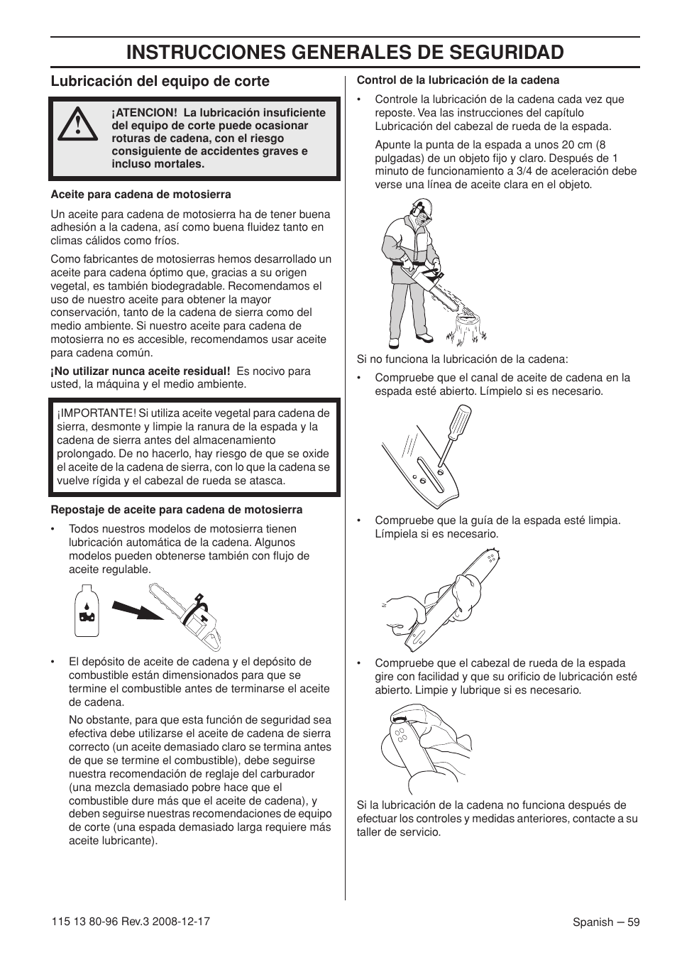 Lubricación del equipo de corte, Instrucciones generales de seguridad | Husqvarna 435e User Manual | Page 59 / 92