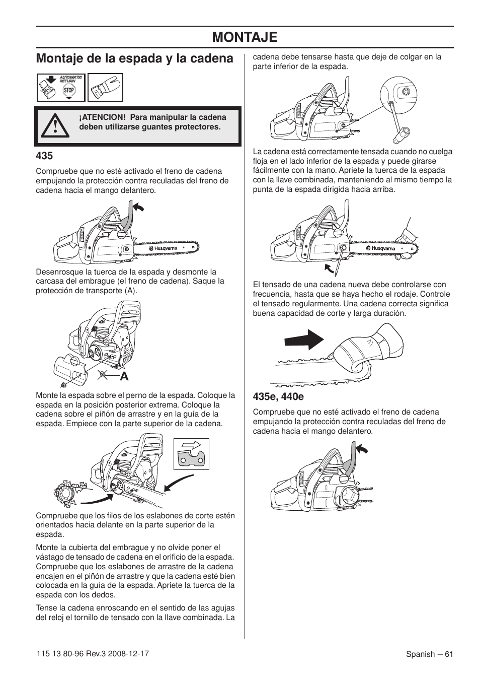 Montaje de la espada y la cadena, 435e, 440e, Montaje | Husqvarna 435e User Manual | Page 61 / 92