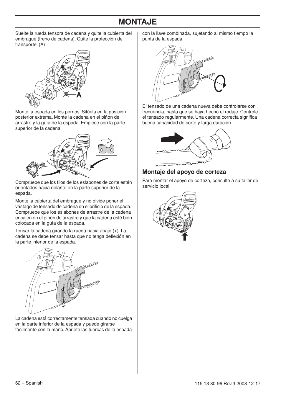 Montaje del apoyo de corteza, Montaje | Husqvarna 435e User Manual | Page 62 / 92