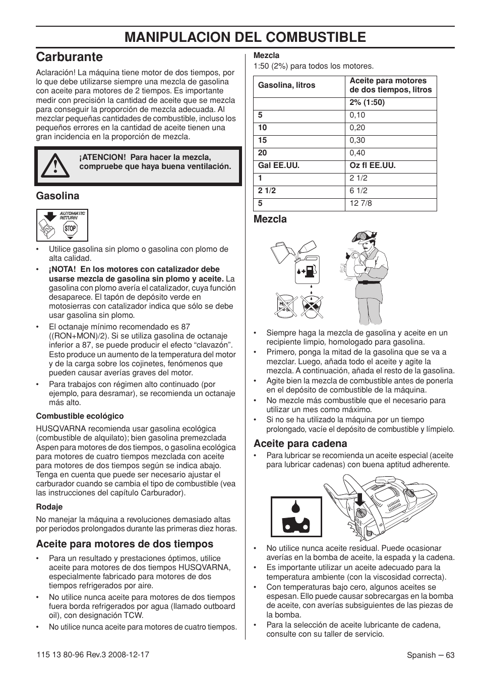 Carburante, Gasolina, Aceite para motores de dos tiempos | Mezcla, Aceite para cadena, Manipulacion del combustible | Husqvarna 435e User Manual | Page 63 / 92