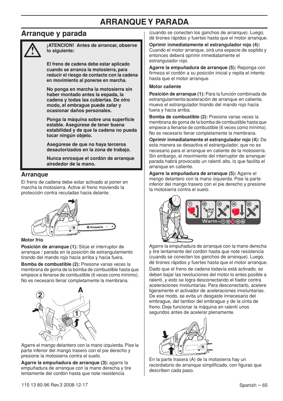 Arranque y parada, Arranque, A2 1 | Husqvarna 435e User Manual | Page 65 / 92